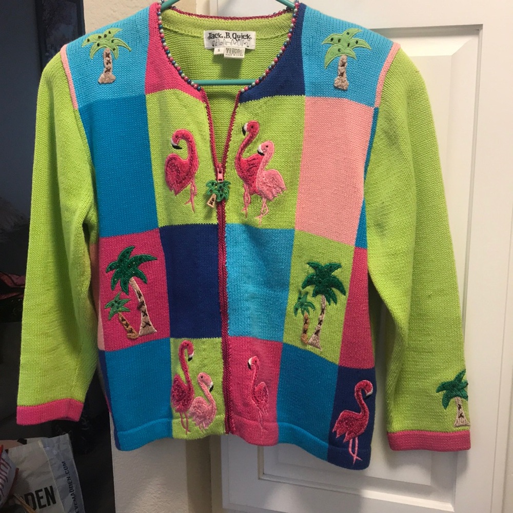 Jack B. Quick Women's Colorblock Flamingo Embroidered Cardigan - Lime/Blue/Pink
